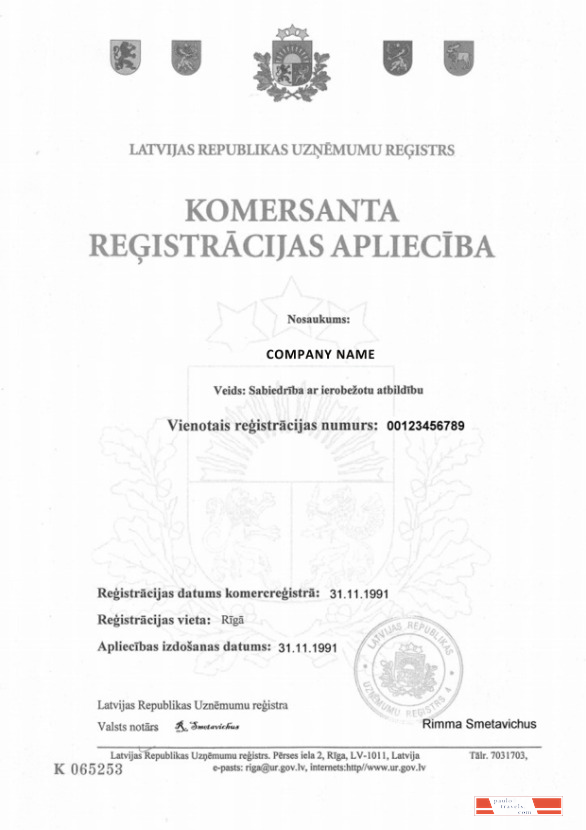 Latvia Certificate of Registration